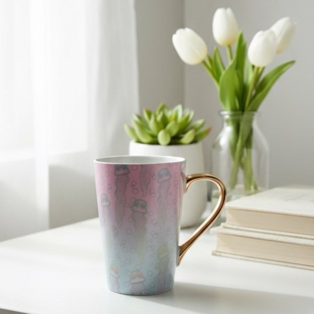 Ombre Pink and Blue Jellyfish Mug with Gold Handle